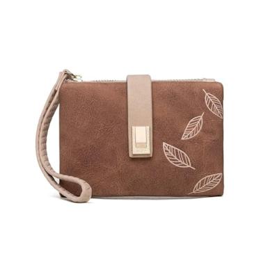 Imagem de Carteira feminina com estampa de folhas curtas, bolsa de couro pequena com alça de pulso, Uma cor, Brown