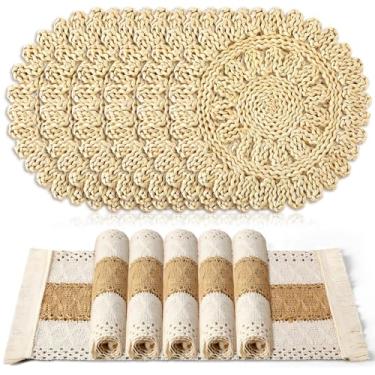 Imagem de Gandeer Jogo americano Boho Conjunto de 6 - Tapetes de mesa combinados de serapilheira de algodão natural e palha de água, ornamentos de macramê e jogo americano estilo fazenda, tapetes de vime de