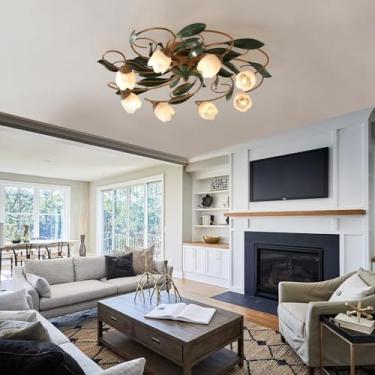 Imagem de Luminária de teto retrô em metal, estilo antigo, com formato de flor e trepadeira em ferro. Luminária vintage criativa em estilo campestre rural com cúpula de vidro em formato de flor, ideal