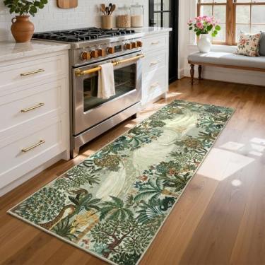 Imagem de GarveeHome Tapete de corredor lavável na selva de 5 x 15 cm para cozinha, tapete de corredor com estampa de animal macio, antiderrapante, verde, tapete de entrada para casa de fazenda, tapete