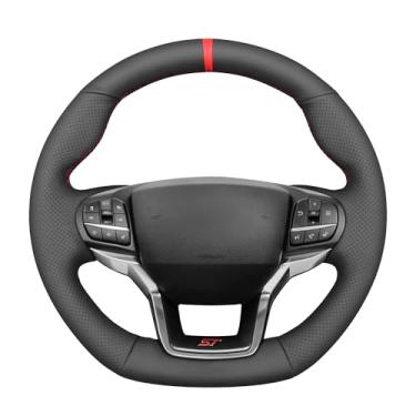Imagem de MEWANT Capa de volante de couro genuíno preto costurado à mão para Ford Explorer (ST/ST-Line/Timberline) 2020-2024