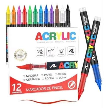 Imagem de Canetas Acrílicas Ponta Pincel, 12 Cores Vibrantes, Alta Cobertura, Tinta Premium para Madeira Papel Vidro Cerâmica Pedra Lona, 1mm, Secagem Rápida