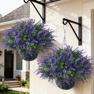 Imagem de VIERENA 2 conjuntos de cestos para pendurar folhas artificiais de lavanda e eucalipto para uso ao ar livre, resistente a raios UV, flores falsas para varanda, janela, jardim, fazenda, beiral