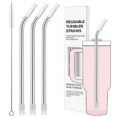 Imagem de Prurex Canudos reutilizáveis de aço inoxidável com ponta de silicone para Stanley 1,134 g, canudos de metal para copo de 1134 g, 3 tubos dobrados e 6 pontas e 1 escova Cleanr (branco)