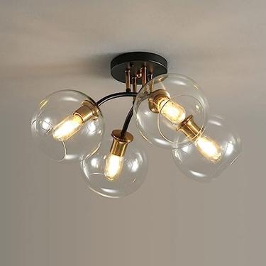 Imagem de Lustre de teto moderno com múltiplas lâmpadas, luminária pendente criativa para interiores, ideal para sala de estar, quarto, sala de jantar e cozinha. Lustre de vidro semi-embutido.