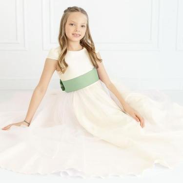 Imagem de Vestido longo Off White com Faixa e Laço VERDE CHÁ Infantil Festa eleg