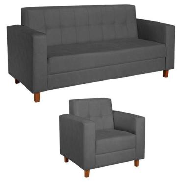 Imagem de Kit Sofá 2 Lugares e Poltrona Denver Linho - Amarena Móveis, Cinza Esc