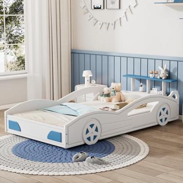 Imagem de Cama estofada em forma de carro esportivo de tamanho duplo com cabeceira, moldura de cama de chão de madeira para crianças (branco) (B White)