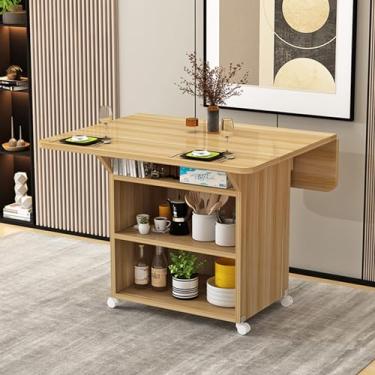 Imagem de Mesa dobrável móvel mesa de jantar dobrável, mesa de jantar de folhas caídas com rack de armazenamento de 3 camadas e 4 rodas, mesa de jantar com economia de espaço para trabalho, estudo e jantar