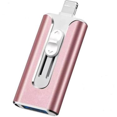 Imagem de Flash Drive de 256 GB para iPhone, Lightning 3 em 1, tipo C e USB, disco rígido externo para iPhone, armazenamento externo de alta velocidade para iPhones/iPad/Android/PC, rosa