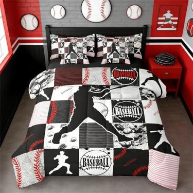 Imagem de Erosebridal Jogo de cama casal com bola esportiva, conjunto de edredom de beisebol para meninos, com lençol de softball, vermelho, em uma bolsa, patchwork, geométrico, quadriculado, preto, silhueta de