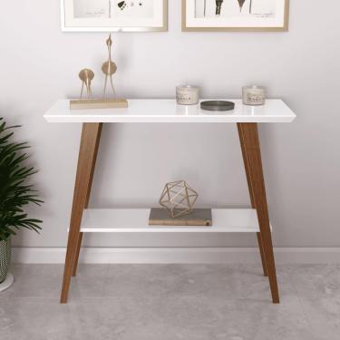 Imagem de Aparador Caio 90x30 Tampo Mdf 30mm Pé Em Madeira Branco/amadeirado