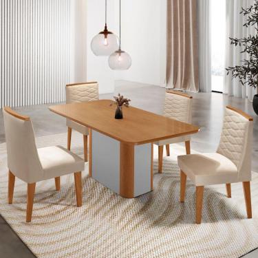 Imagem de Mesa De Jantar Isadora 120cm Tampo Mdf Laminado 4 Cadeiras Eloise Veludo Creme Naturale Off White
