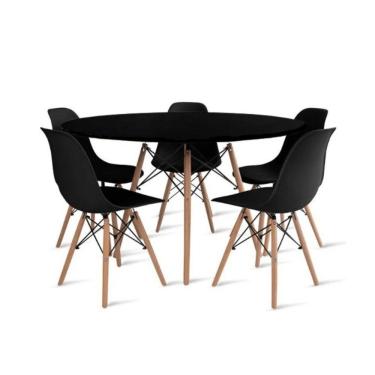 Imagem de Conjunto De Mesa De Jantar Eames Eiffel Redonda 120cm Tampo De Madeira Com 5 Cadeiras Preto