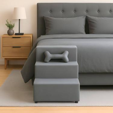 Imagem de Escada Escadinha para Pet 3 Degraus com Osso cor Cinza Veludo Liberty Móveis