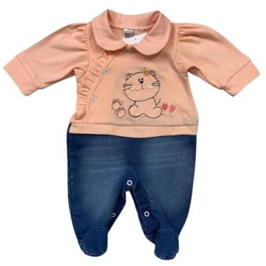Imagem de Macacão bebe menina gatinha jeans - Pequeno Charme, P, Salmão