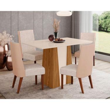 Imagem de Conjunto Mesa Sala Jantar Orus Tampo Madeirado Com Vidro 120x80cm E 4 Cadeiras Anne Nature Courano Creme Henn