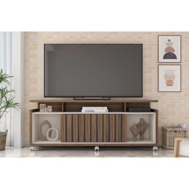 Imagem de Rack Bancada P/ Tv Até 70 Pol Oásis C/ Ripado E Rodizios 160cm Nogueira San Remo/off White - Caemmun