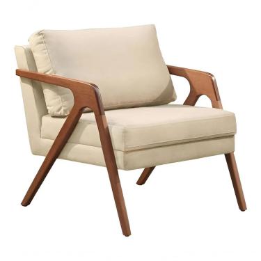 Imagem de Poltrona Decorativa Mona Luxo Base De Madeira Maciça Sala Recepção Veludo Bege Do Lar Móveis E Decoração