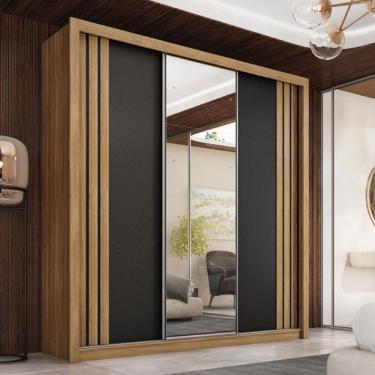 Imagem de Guarda Roupa Roupeiro Moema 3 Portas com Espelho 2 Gavetas Amendola Touch Nude Preto Demóbile