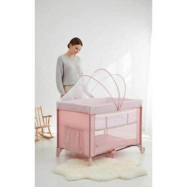 Imagem de Berço Portátil Bebê 0-18kg 2 Alturas Mosquiteiro Zíper Rosa - Congratu