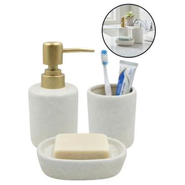 Imagem de Kit Banheiro Lavabo Dispenser 250ml Saboneteira Pote 3 Peças Creme - K