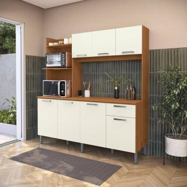 Imagem de Cozinha Compacta 7 Portas e 1 Gaveta Externa com Tampo de Madeira Kits Canela/Off White