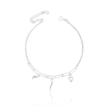 Imagem de Pulseira de Prata 925 Feminina 19cm Delicada Com Pimenta Lua e Coração