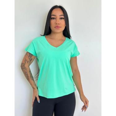Imagem de Camiseta Blusa Dry Fit Feminina Gola V Poliamida Academia Proteção UV5