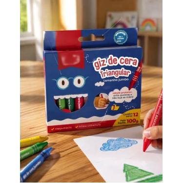 Imagem de Giz de Cera Infantil Jumbo Triangular Kit 12 Cores Escolar Colorir Tri