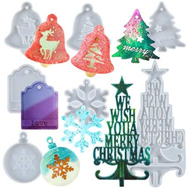 Imagem de FUNSHOWCASE Etiquetas de Natal Moldes de silicone de resina com árvore de Natal grande para pingentes de chaveiro, sabão, ornamento, decoração de casa, conjunto de 18 cm