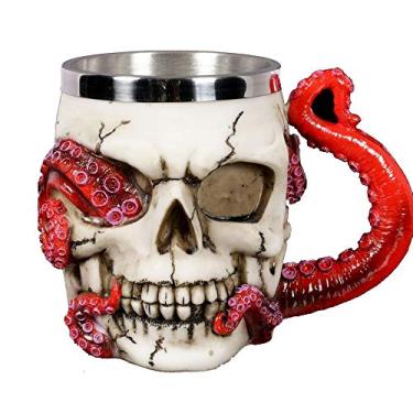 Imagem de Caneca de caveira, parasita, polvo, canecas de café de cerveja com alça de tentáculo, aço inoxidável e resina, esqueleto, crânio, crânio, bebida, copo de bebida para Ossuary Macabre Halloween decorativo - 368 g