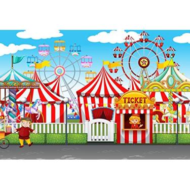 Imagem de Yeele 2,4 x 1,8 m Fairground Photo Backdrop Cartoon Circus Carnival Playground Carousel Ferris Wheel Ticket Parque de diversões Fundo para fotografia Kids Girl Boy Baby Portrait Booth Shoot Studio Adereços