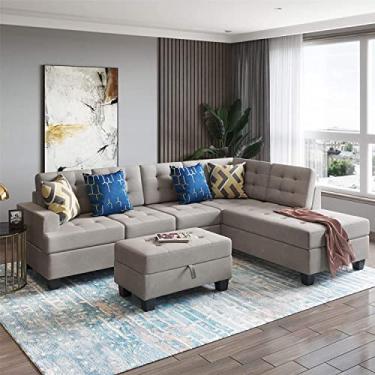 Imagem de Sofá seccional de 3 peças, sofá em forma de L, conjunto estofado moderno de sala de estar com otomano e almofadas, cinza (cor: cinza com chaise)