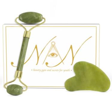 Imagem de Jade Roller Gua Sha conjunto para eliminar inchaço, olheiras, rugas e relaxar músculos - kit 2 em 1 com massageador facial de pedra jade real, pescoço e rotina de cuidados com a pele
