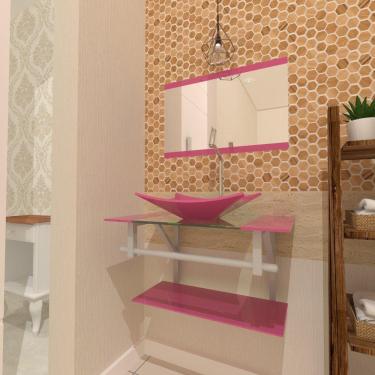 Imagem de Gabinete De Vidro Para Banheiro 60cm Ac Cuba Retangular Com Sifao E Torneira Metal Cor: rosa