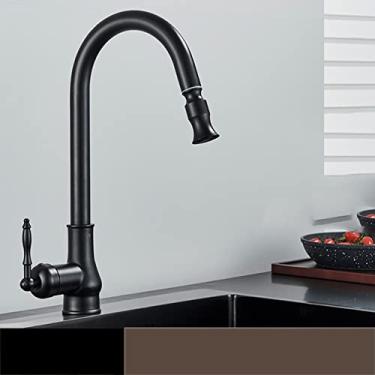Imagem de Torneira de cozinha de bronze antigo pull out pia de cozinha torneiras de água torneira misturadora de alça única 360 rotação guindastes montados no convés, preto fosco B, China