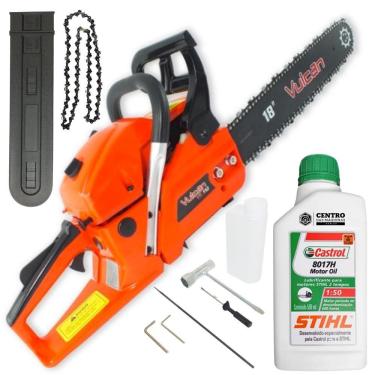 Imagem de Motosserra Á Gasolina Vulcan VSL550 2 Tempos 55cc 3,0Hp 18 Pol Com Óleo Lubrificante Profissional Stihl Castrol 500ml