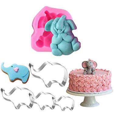 Imagem de 6 peças/conjunto de moldes de silicone e cortadores de biscoito de aço inoxidável para chá de bebê, elefante de pasta de pasta de goma para decoração de bolo, ferramentas de decoração para meninos e meninas, chá de bebê, lembrancinhas de festa de aniversário