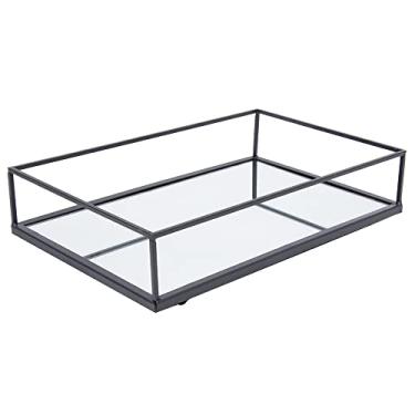 Imagem de Mimo Style Bandeja Retangular de Metal 31cm com Espelho Linha Geometric Black, Ideal para Armazenar e Exibir Seus Acessórios Favoritos. Cor Preta. Elegante, Moderna e Sofisticada. Decorativo