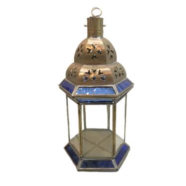 Imagem de Lanterna decorativa gaiola de latao E vidro azul P