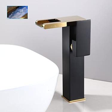 Imagem de Conjunto de torneiras de lavatório de banheiro com cascata de LED de latão Misturador de água quente e fria Torneira de pia com guindaste Mudança de cor Alimentado por torneiras de fluxo de água, OURO PRETO B