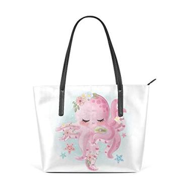 Imagem de Bolsa de compras grande para trabalho, bolsa feminina de couro de poliuretano, linda, rosa, polvo, estrela-do-mar, bolsa casual