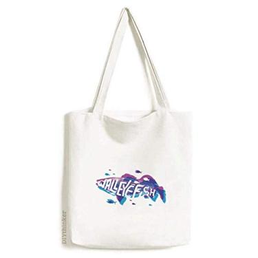 Imagem de Bolsa de lona azul roxa desenho animado peixe oceano animal bolsa de compras bolsa casual bolsa de compras