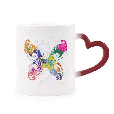 Imagem de Caneca colorida borboleta com estampa floral, grafite sensível ao calor, caneca de grés que muda de cor vermelha