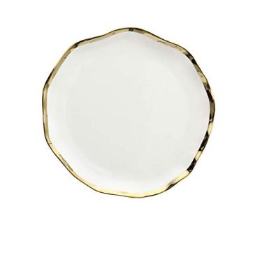 Imagem de JLXZHOME Prato de jantar de cerâmica com aro de ouro preto branco pratos de lanche porcelana bandeja de sobremesa arroz tigela de sopa utensílios, prato branco de 25,4 cm