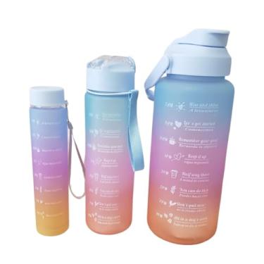 Imagem de Kit 3 Garrafa De Água Squeeze Com Adesivos 2D e 3D Galão 2l Litros Alça, 900 ML, 300 ML Motivacional Academia Escolar Infantil Colorida Antivazamento Tie Dye - TYDA (Azul/Pink/Laranja)
