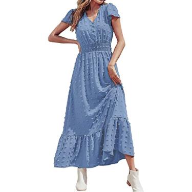 Imagem de Vestido longo colado ao corpo feminino casual manga curta/longa vestido maxi feminino estampa floral solto rodado, Azul claro, Medium