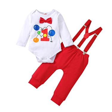 Imagem de Macacão infantil infantil recém-nascido com desenho animado manga longa laço macaquinho tops cavalheiro suspensório calça de bebê menino, Vermelho, 0-3 Meses