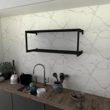 Imagem de Prateleira Industrial Suspensa Estante Parede Nicho Preto Ferro E Madeira Suporte Pratileira